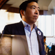 Democratic Presidential candidate Andrew Yang leaves Saturday, April 27, 2019, during the Reaching Rural Voters Rural Caucus Forum at the Saints Center for Culture and the Arts in Stuart, Iowa.